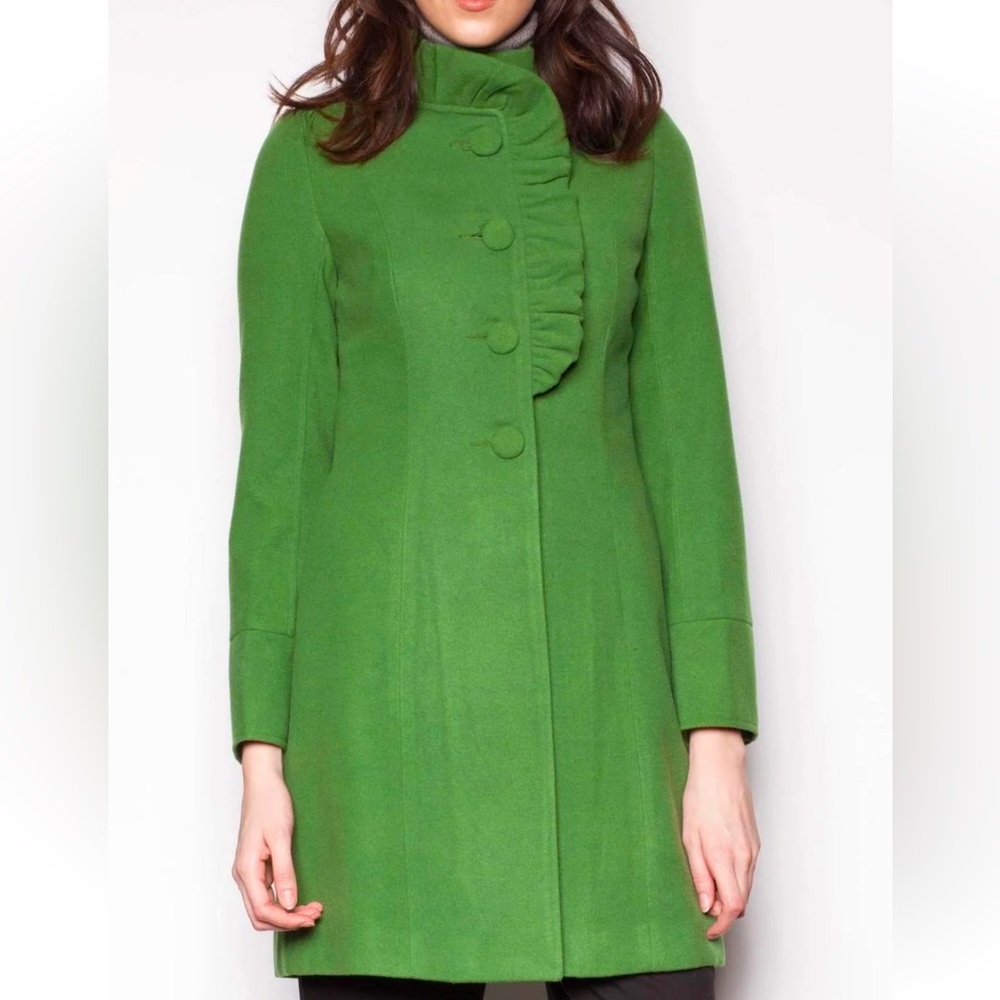 ModCloth / Pink Martini Shamrock Emerald Moss Green Pea Coat Jacket Ruffles